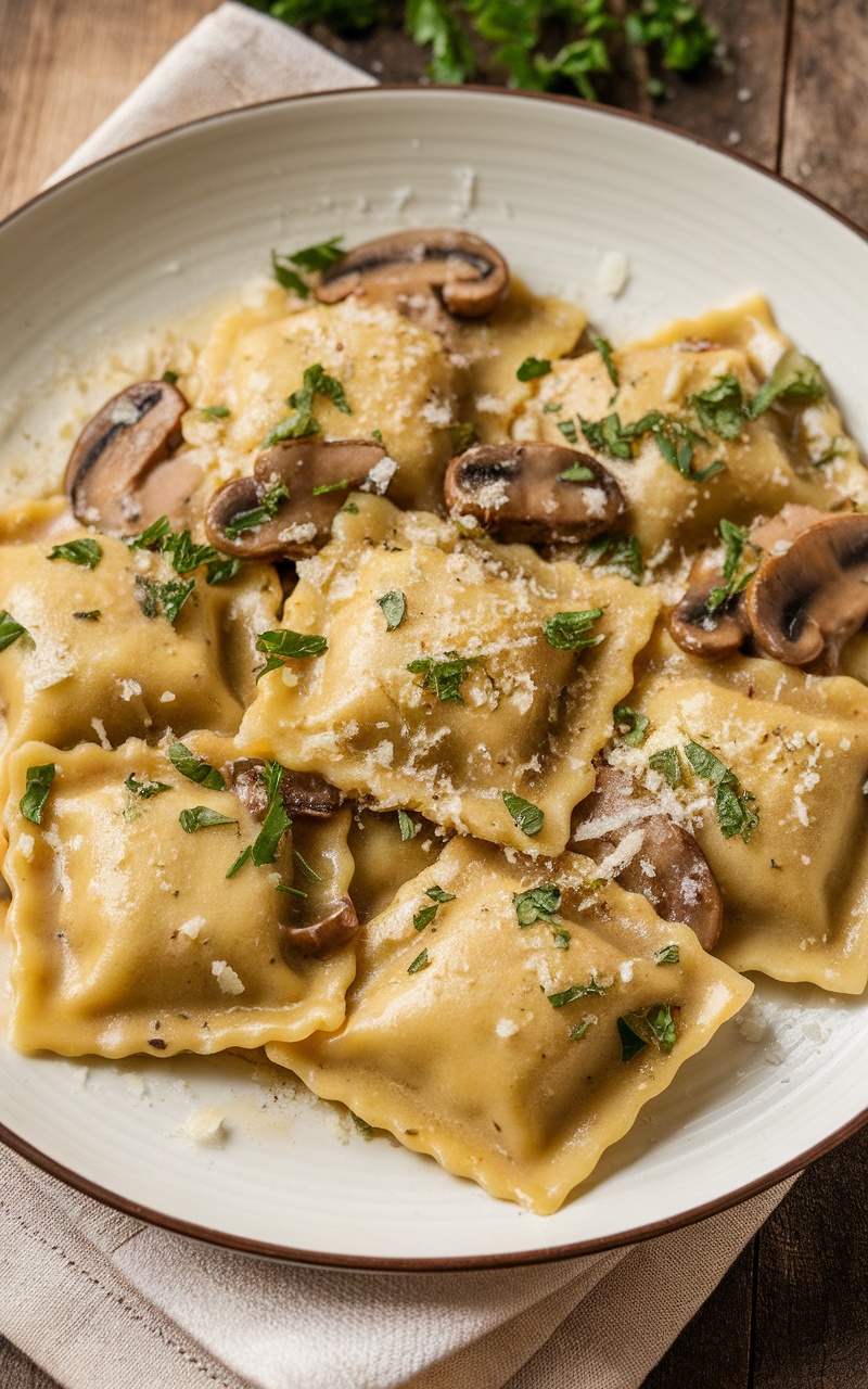 Delicious mushroom stuffed ravioli served with sage butter and Parmesan.